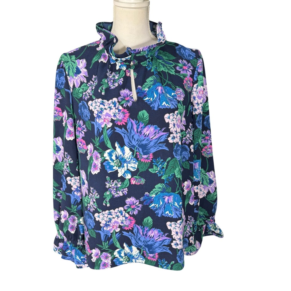J.Crew Ruffleneck Top 365 Crepe Size XXL Navy Floral Keyhole Long Sleeve EUC